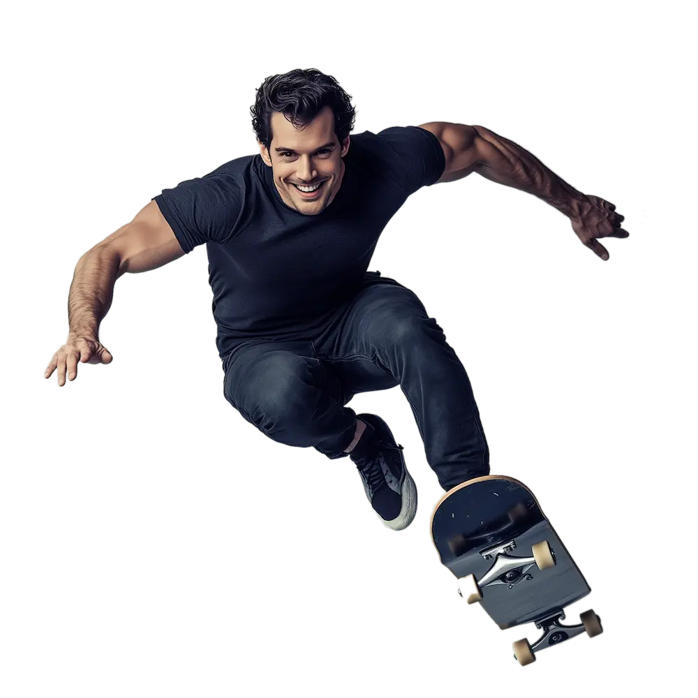 A man with a maniacal smile riding a skateboard towards the viewer